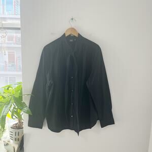 Gap Black Button Up Tie Neck Long Sleeve Blouse Size XXL